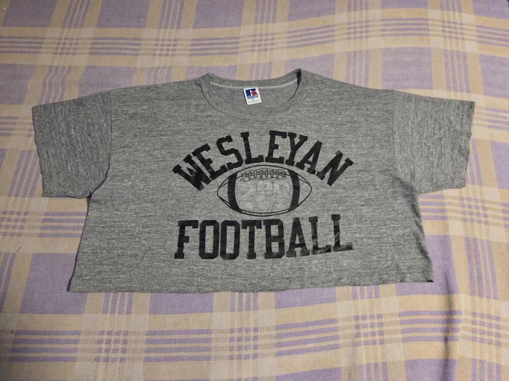Vintage 80s 90s Wesleyan Football 226 Half Shirt Cropped T Shirt Russell USA XL